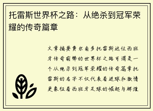 托雷斯世界杯之路：从绝杀到冠军荣耀的传奇篇章